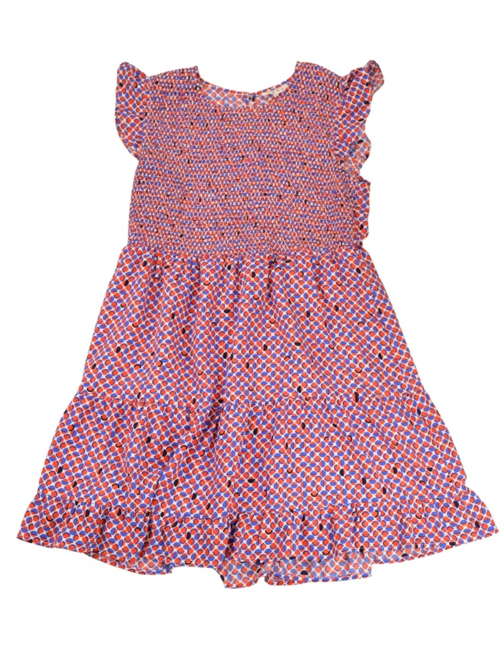 THML Geometric Smocked Flutter Sleeve Dress Large Boho Tiered Mini